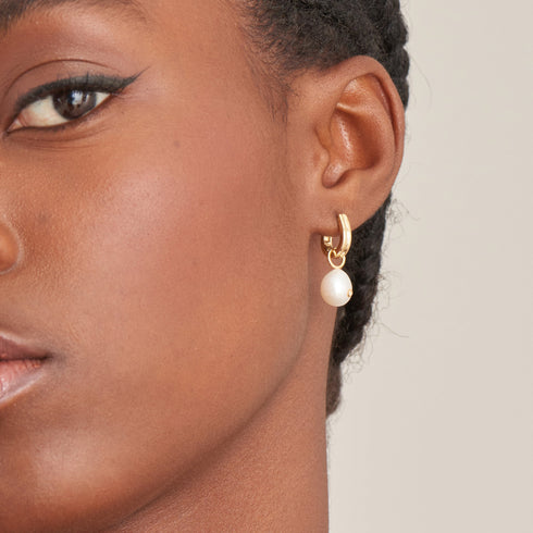 Gold Pearl Drop Sparkle Huggie Hoop Earrings